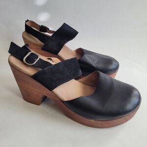 Free People Belmont Leather Shoe Suede Clog Wood Platform Heel Black US 10